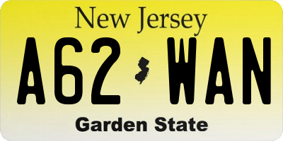 NJ license plate A62WAN