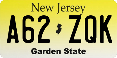 NJ license plate A62ZQK