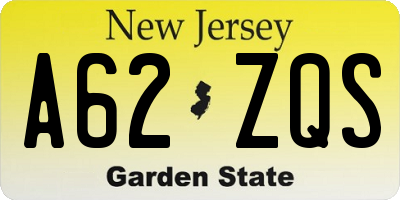 NJ license plate A62ZQS