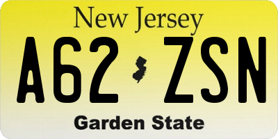 NJ license plate A62ZSN