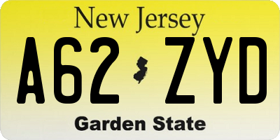 NJ license plate A62ZYD