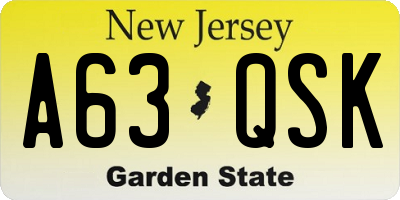 NJ license plate A63QSK