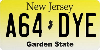 NJ license plate A64DYE