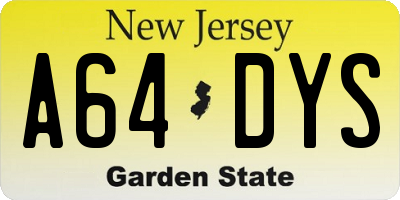 NJ license plate A64DYS