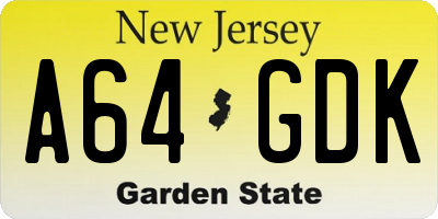 NJ license plate A64GDK