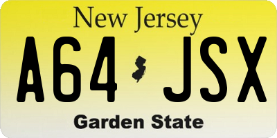 NJ license plate A64JSX