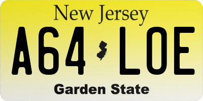 NJ license plate A64LOE
