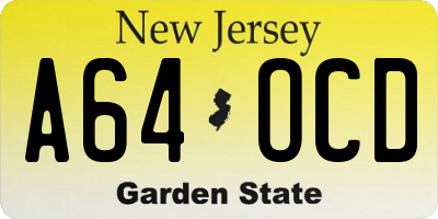 NJ license plate A64OCD