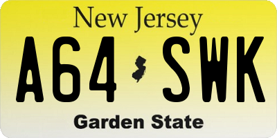 NJ license plate A64SWK