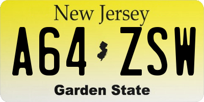 NJ license plate A64ZSW