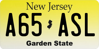 NJ license plate A65ASL