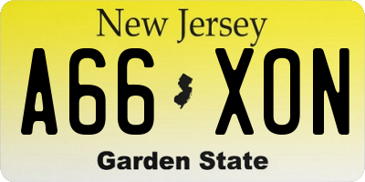 NJ license plate A66XON