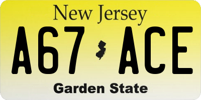 NJ license plate A67ACE