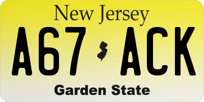 NJ license plate A67ACK