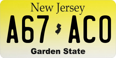 NJ license plate A67ACO