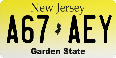 NJ license plate A67AEY