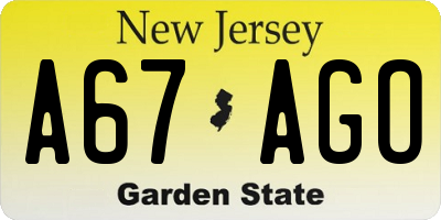 NJ license plate A67AGO