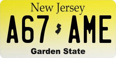 NJ license plate A67AME