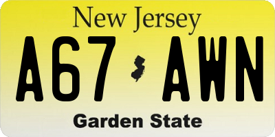 NJ license plate A67AWN
