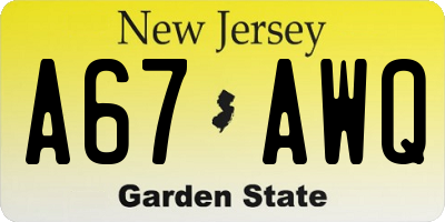 NJ license plate A67AWQ
