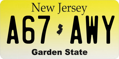 NJ license plate A67AWY