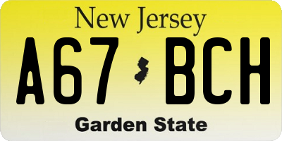 NJ license plate A67BCH