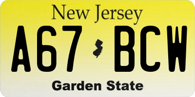 NJ license plate A67BCW