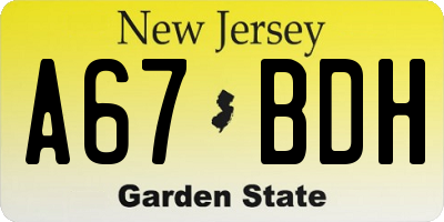 NJ license plate A67BDH