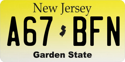 NJ license plate A67BFN