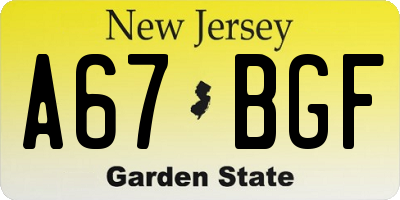 NJ license plate A67BGF