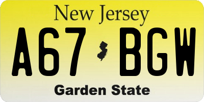 NJ license plate A67BGW