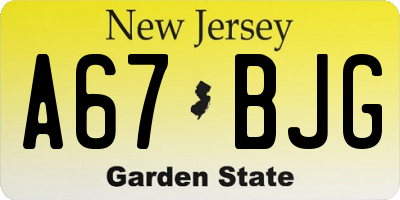 NJ license plate A67BJG