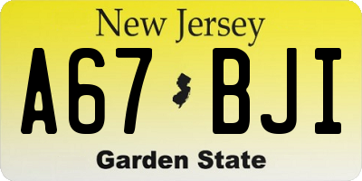 NJ license plate A67BJI