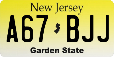 NJ license plate A67BJJ