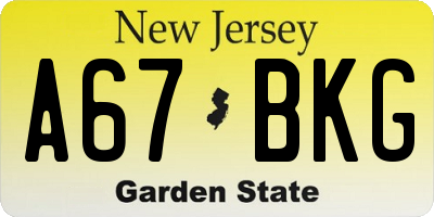NJ license plate A67BKG