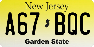 NJ license plate A67BQC