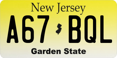 NJ license plate A67BQL