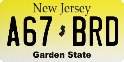 NJ license plate A67BRD