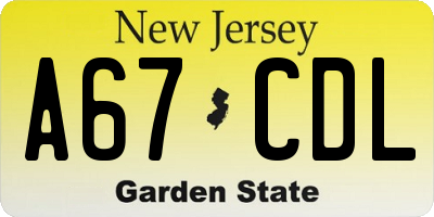 NJ license plate A67CDL