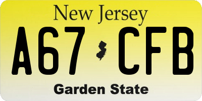 NJ license plate A67CFB