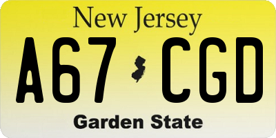 NJ license plate A67CGD