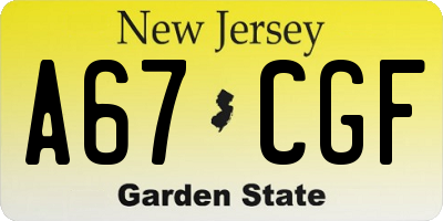 NJ license plate A67CGF