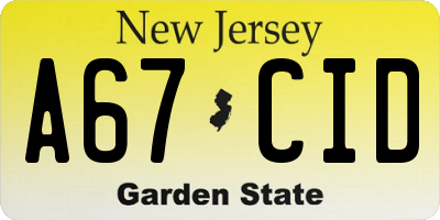 NJ license plate A67CID