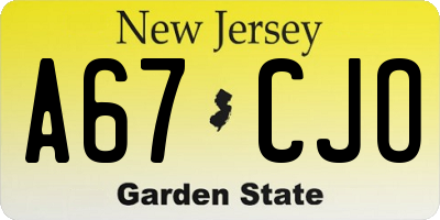 NJ license plate A67CJO