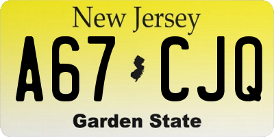 NJ license plate A67CJQ