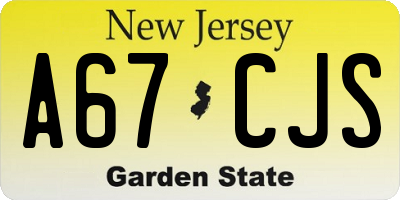 NJ license plate A67CJS
