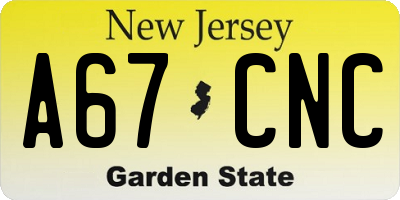 NJ license plate A67CNC