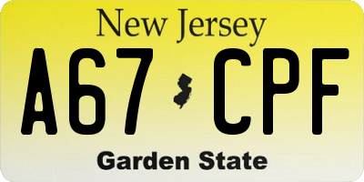 NJ license plate A67CPF
