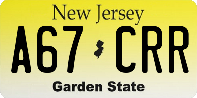 NJ license plate A67CRR