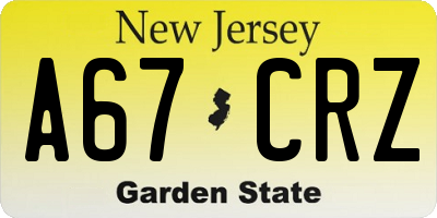 NJ license plate A67CRZ